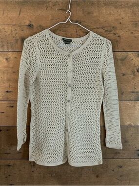 Eddie Bauer Cream Crochet Open-Knit Cardigan Sweater